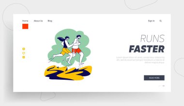 Summer Outdoor Sport Activity Landing Page Şablonu. Spordaki Erkek Kadın Karakterleri Sahilde Koşan, Koşan