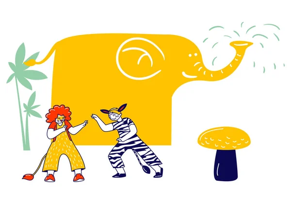Pequenas crianças personagens em animais traje leão e zebra com pintura no rosto brincando e brincando no parque de diversões — Vetor de Stock