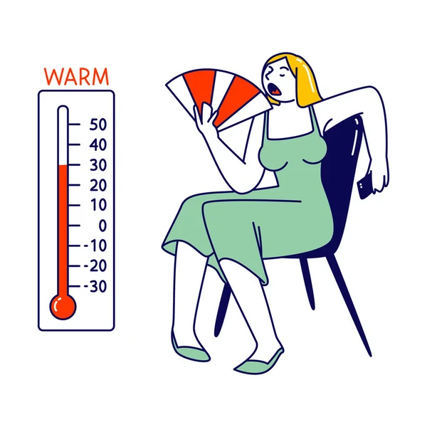 Personaje femenino con ventilador Sudoración Siéntate en casa Sufre de alta temperatura incómoda durante el período de calor de verano — Vector de stock