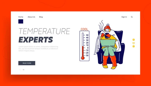 Cold Weather Freeze Landing Page Template. Frierende weibliche Figur in warme Kleidung gehüllt mit Heißgetränk Arbeitslaptop — Stockvektor