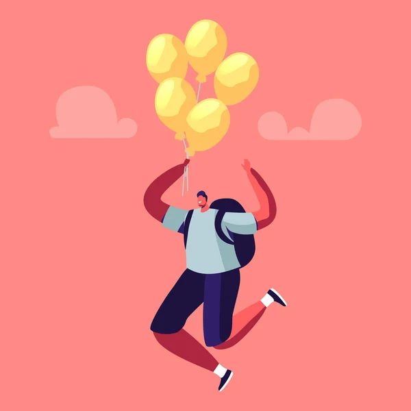 Manlig karaktär med ryggsäck som flyger på luftballong i luften. Fly från Golden Cage. Karriärutveckling eller krisflykt — Stock vektor