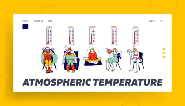 Komfort Temperatur Landning Page Mall. Kvinnliga karaktärer vid kalla, svala, normala, varma och varma förhållanden. Kvinnor i vinterkläder — Stock vektor