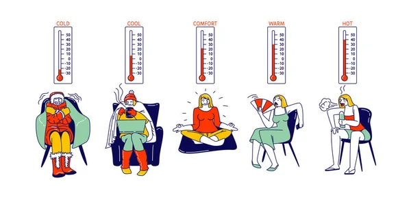 Temperatura de confort. Condiciones frías, frescas, normales, cálidas y calientes. Mujeres envueltas en ropa de invierno, calor de la hora de verano — Vector de stock