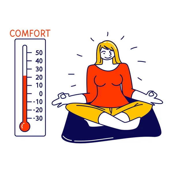 Personaje femenino relajado sentado en postura de loto meditando en casa con termómetro Mostrar temperatura cálida de confort — Vector de stock