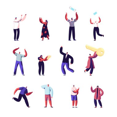 Erkek ve kadın karakterler Coronavirus Lockdown End için seviniyor. Mutlu İnsanlar İşe Yaramaz Tıbbi Maskeler Atar