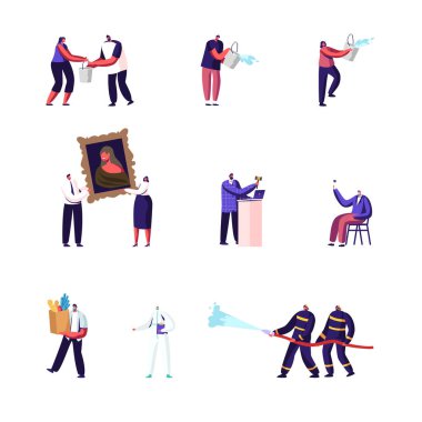 Bir grup Erkek ve Kadın Karakter Ateşle Savaşan Gönüllü Kova İçinde Su Getiriyor. Açık Artırmada Açık Artıran İnsanlar