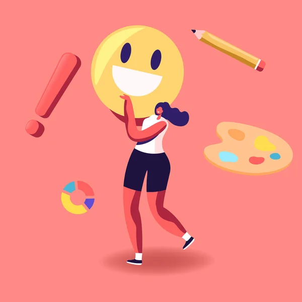 Personaje de la artista con la paleta de pinturas y una enorme sonrisa en la búsqueda de la inspiración de la pintura. Hobby creativo, Dibujo — Vector de stock