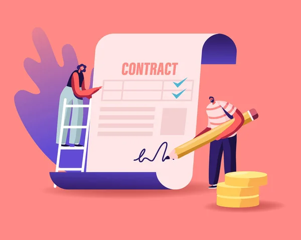 Mensen maken een deal, controleren en ondertekenen lening contract. Kleine karakters staande bij Enorme Paper Document — Stockvector