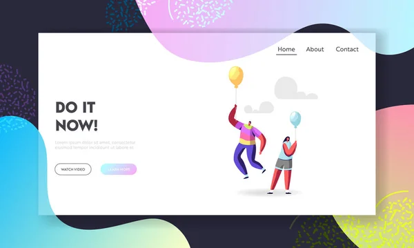 Individualidad sobresaliente, plantilla de Landing Page única. Personaje masculino en ropa de arco iris volando en globo sobre mujer — Vector de stock