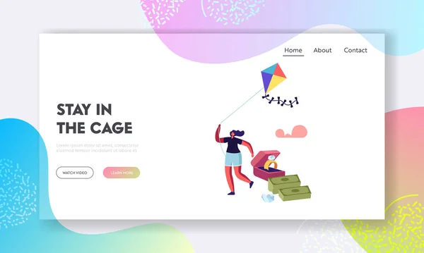 Frihet, fly landningssida mall. Kvinnlig dröm om flykt från Golden Cage. Kvinna som har roligt springa med Kite — Stock vektor