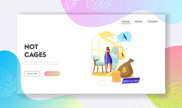Woman Dream to Escape from Gold Cell for Having Simple Human Things Landing Page Template (dalam bahasa Inggris). Golden Cage Escape Dreaming - Stok Vektor