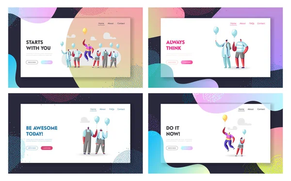 Set unico di modelli di pagina di destinazione. Personaggio maschile in abiti colorati arcobaleno che vola su palloncino eccezionale individualità — Vettoriale Stock