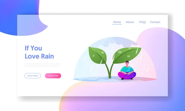 Wet Weather Landing Page Template (em inglês). Drenched Tiny Man que prende a xícara da bebida quente senta-se sob folhas enormes da planta na chuva —  Vetores de Stock