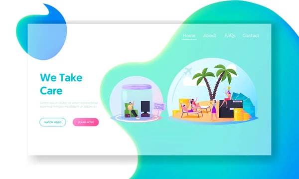 Karaktärer Inuti Comfort Zone Landning Page Mall. Människor under glas kupol och Jar Drömmer om framgång och karriär — Stock vektor