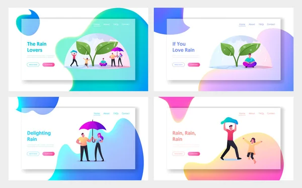 Wet Rainy Weather Landing Page Template Set (en inglés). Pequeños personajes con paraguas escondiéndose de la lluvia bajo una planta enorme — Vector de stock