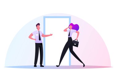 Karakterler iş adabını takip eder, iyi huylular. İş Adamı İş Kadınını Ofis İlişkisinden Önce Girmeye Davet Etti