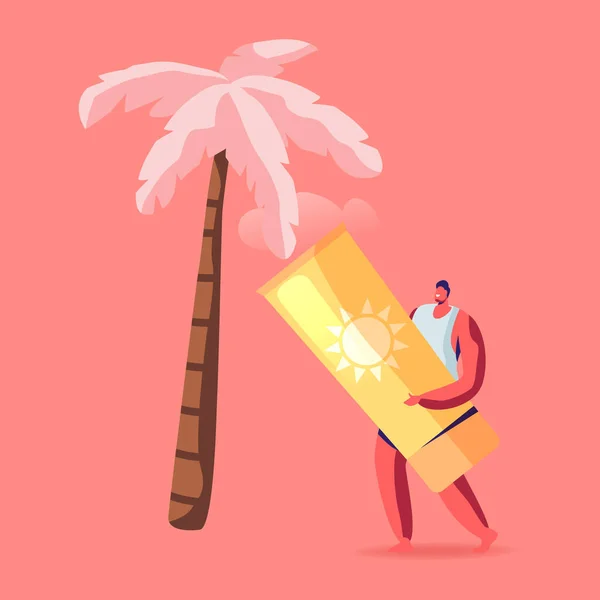 Vacances nature estivales, vacances et mode de vie actif Concept. Jeune minuscule homme personnage tenant énorme crème solaire — Image vectorielle
