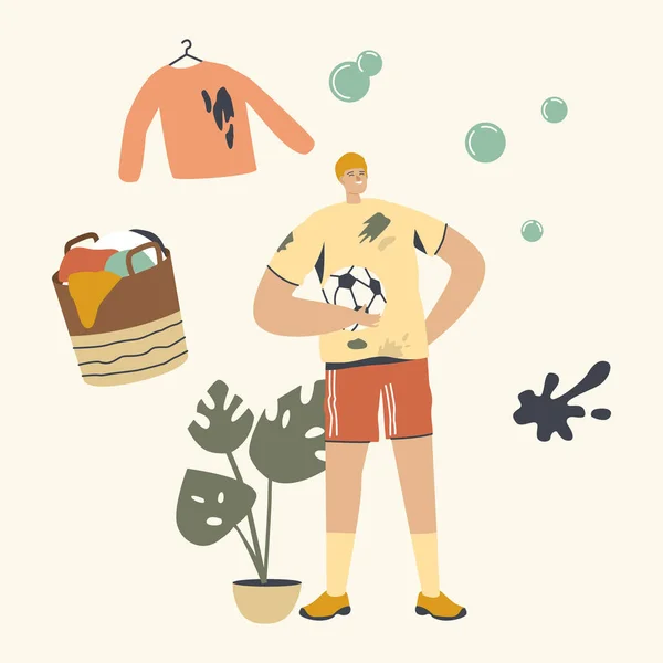 ตัวละครนักกีฬาใส่คราบดินบนเสื้อผ้าในระหว่างเกมฟุตบอล งานบ้านและซักผ้า, เยี่ยมชมซักรีด — ภาพเวกเตอร์สต็อก