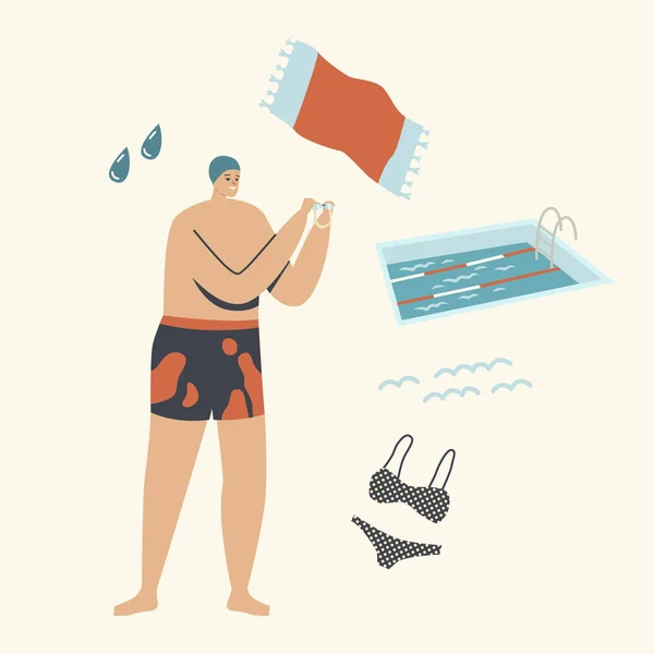 Nageur dans la piscine. Tenez-vous debout au bord de la piscine Portez un chapeau de natation et des lunettes Préparez-vous à sauter. Entraînement abdominal, Entraînement abdominal, Sport — Image vectorielle