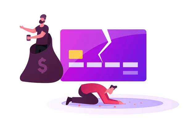 Poor Confused Man Stand on Knees, Beggar Character Begging at Huge Broken Credit Card. Society Pauperization, No Money — Stock Vector