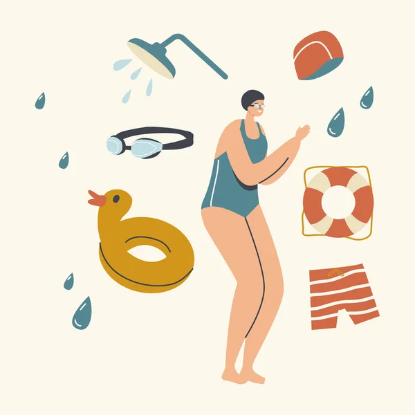 Entraînement, Apprendre à nager, Concept Sport. Cours de natation avec femme nageuse dans la piscine. Stand personnage féminin au bord de la piscine — Image vectorielle