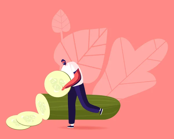 Tiny Male Character Carry Huge Cucumber Slice for Natural Mask or Eating Вегетаріанська здорова їжа, укріплене харчування — стоковий вектор