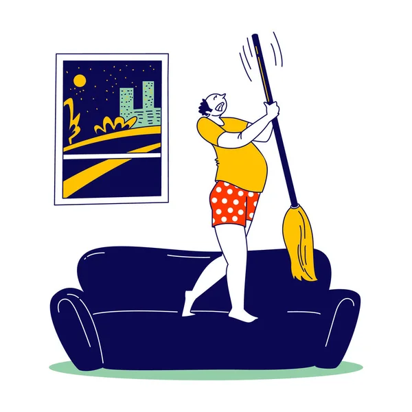 Злой мужской персонаж носит нижнее белье стоять на диване стук потолка с швабра расстроен о шумных соседей выше — стоковый вектор