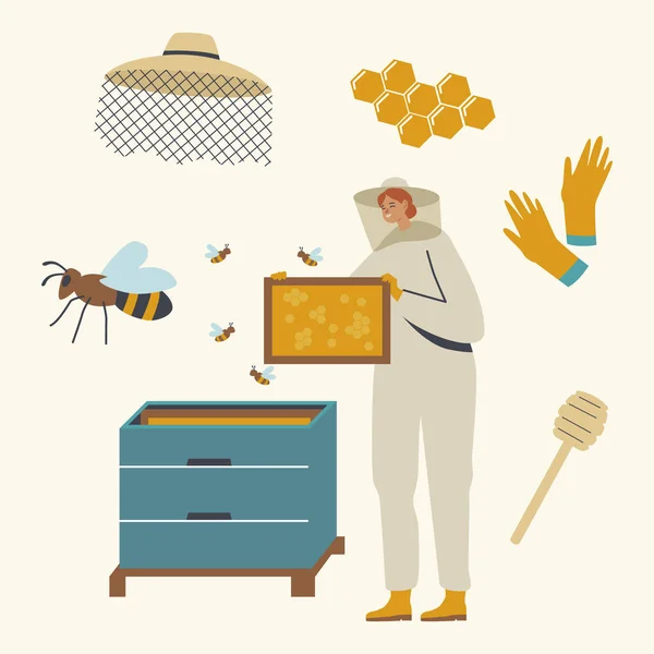 Apiculture, Honey Production, Beekeeping Характер охоронця у захисному костюмі, який дбає про бджіл, приймаючи форму з медом — стоковий вектор