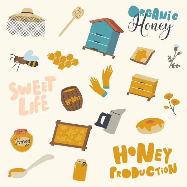 Set di icone Miele Produzione e apicoltura Industria. Alveare in legno, Dipper e Cappello apicoltore con Ape e favi — Vettoriale Stock
