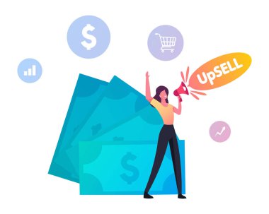 Upsell, İndirim Alarmı İş ve Alışveriş Konsepti. Organizatör Kadın Karakteri Megafona Bağırıyor. Halkla İlişkiler