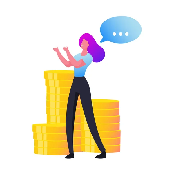 Tiny Businesswoman Charakter stehen an riesigen goldenen Münzhaufen mit Sprechblase. Upsell, Geldanlage, Refinanzierung — Stockvektor