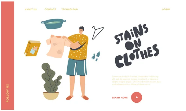 Wäsche- und Reinigungsgebühren Landing Page Template. Männlicher Charakter hält Kleidung mit Flecken beim Waschen — Stockvektor