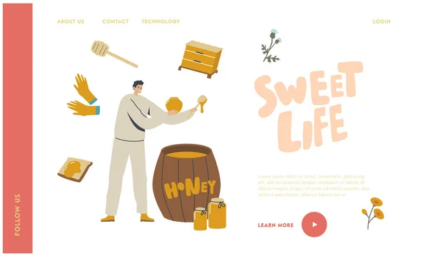 Plantilla de Landing Page Natural Organic Sweet Food. Apicultor poner miel a frascos de vidrio de barril de madera. Producción de abejas — Vector de stock