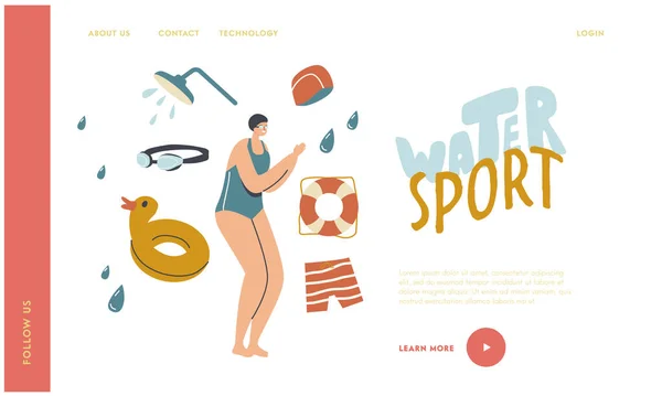 Training, Learning to Swim, Sport Landing Page Template. Swimming Class with Swimmer Woman in Pool. Female Jumping — Stock Vector