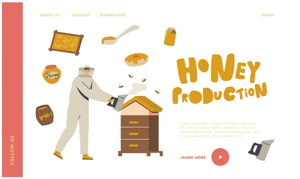 Farmer Producing Honey. Šablona stránky přírodního produktu pro včelařství. Mužská postava v ochranné uniformě a klobouku — Stockový vektor