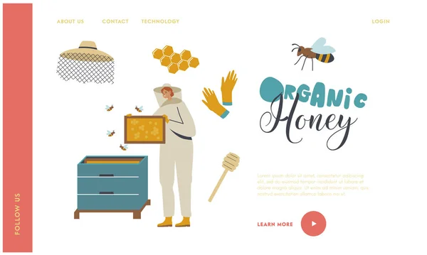 Αρπακτικό, παραγωγή μελιού, υπόδειγμα σελίδας μελισσοκομίας. Μελισσοκόμος Γυναικείος χαρακτήρας σε προστατευτική ενδυμασία στο Apiary — Διανυσματικό Αρχείο