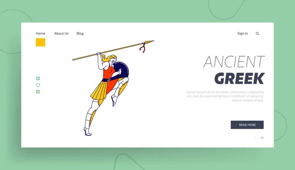 Personagem da Amazon com Escudo Prepare-se para Lança Landing Page Template. Personagem mitológica grega, Mulher guerreira —  Vetores de Stock