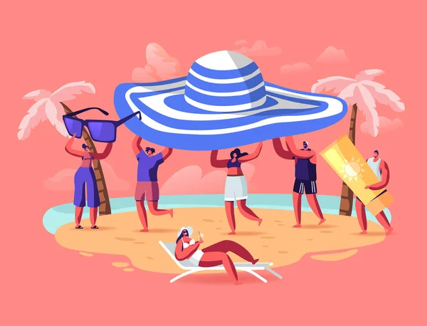 Sommersaison, Ferienkonzept. Winzige Leute tragen riesige tropische Mütze und genießen den Sommerurlaub, entspannen am Strand — Stockvektor