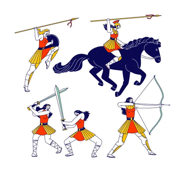 Amazons Personagens Femininos com Lanças, Arco e Espadas Lutando, Montando Cavalo I. Guerreiros Mitológicos Gregos Personagens —  Vetores de Stock