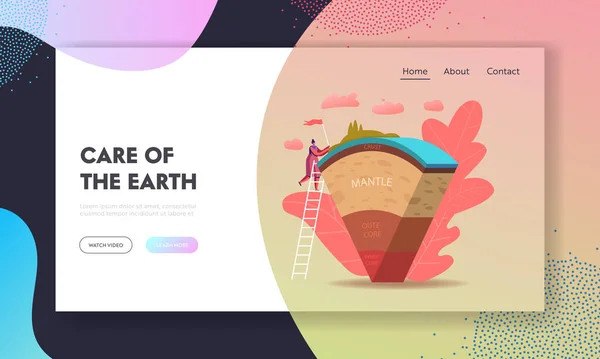 Cientista ou estudante Aprenda Geofísica Science Landing Page Template. Estudo Feminino Estrutura da Terra Dividida em Camadas — Vetor de Stock