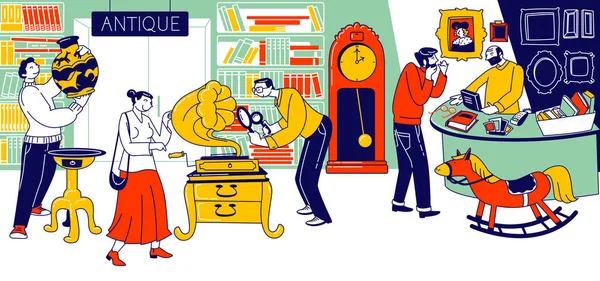 Karakterler Antika Dükkanı 'nı ziyaret ediyor. Eşsiz Eşsiz Eşyalar alıyor. Garaj Satışı, Eski Eşyalar Sunan Satıcıyla Retro Bazaar