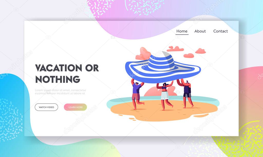 Summer Season Vacation Landing Page Template. Tiny People Carry Huge Hat Enjoying Summer Holidays, Relaxing on Beach
