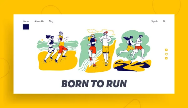 Estate Outdoor Sport Attività Landing Page Template. Happy Couple Characters in Sports Wear Running on Beach. Jogging — Vettoriale Stock