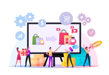 Upsell Konsepti. Huge Pc 'deki Tiny Sellers and Buyers Karakterleri. Yüksek Satışlı Pazarlama, Daha Kârlı Satış Tekniği