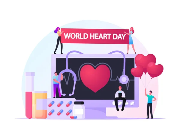 Concepto del Día Mundial del Corazón, pequeños personajes femeninos masculinos en el monitor enorme con pulso cardíaco, estetoscopio y medicina — Archivo Imágenes Vectoriales