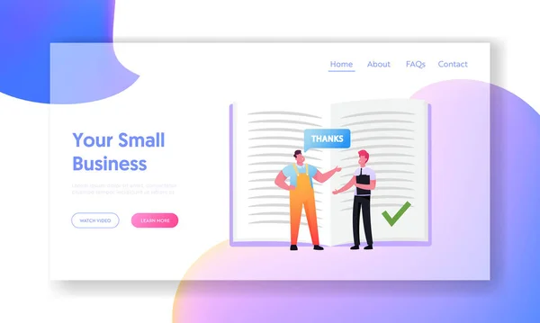 Winzige männliche Charaktere folgen der Etikette auf der riesigen Open Book Landing Page Template. Arbeiter bedankt sich bei Geschäftsmann — Stockvektor