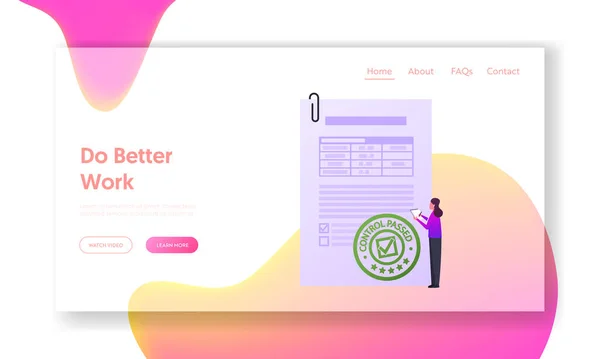Produkter, Varor Kvalitetsgodkännande Certifikat Landning Page Mall. Karaktär vid dokument med kontrollgodkänt stämpel — Stock vektor