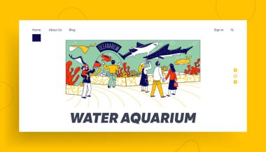Oceanarium İniş Sayfa Şablonu 'ndaki Karakterler. Ebeveynler ve çocuklar camın arkasındaki okyanus balıklarına bakarlar. Akvaryumdaki Çocuklar