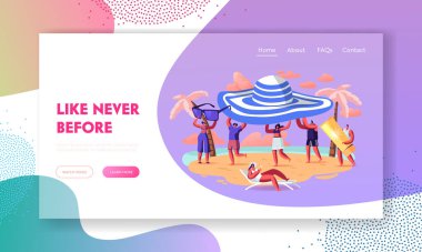 Yaz sezonu, Tatil İniş Sayfa Şablonu. Minik İnsanlar Büyük Tropikal Şapkalar Taşır Yaz Tatillerinin Keyifli Günleri