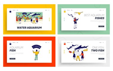 Oceanarium İniş Sayfa Şablonu Ayarındaki Karakterler. Ebeveynler, çocuklar camın arkasındaki okyanus balıklarına bakar. Akvaryumdaki Çocuklar